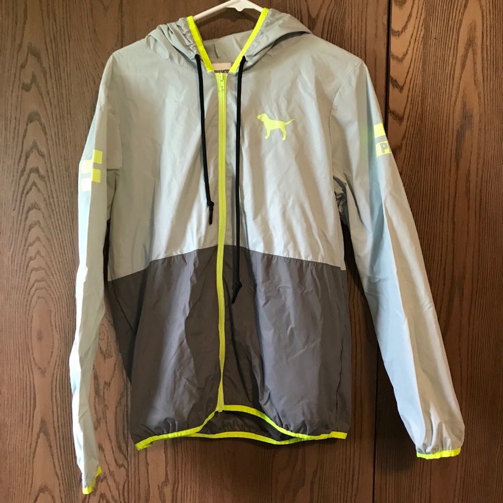 Grey and fluorescent yellow rain jacket